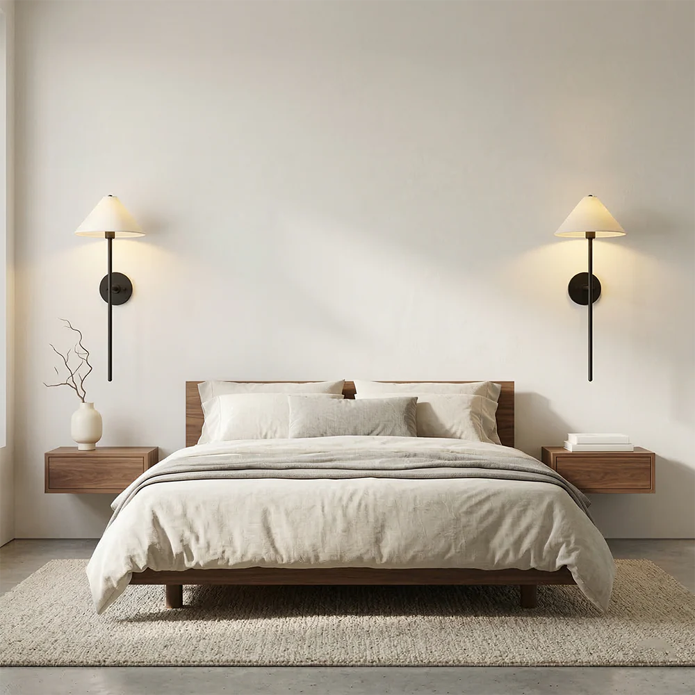 Soft bedroom corner with warm lamp light and linen bedding